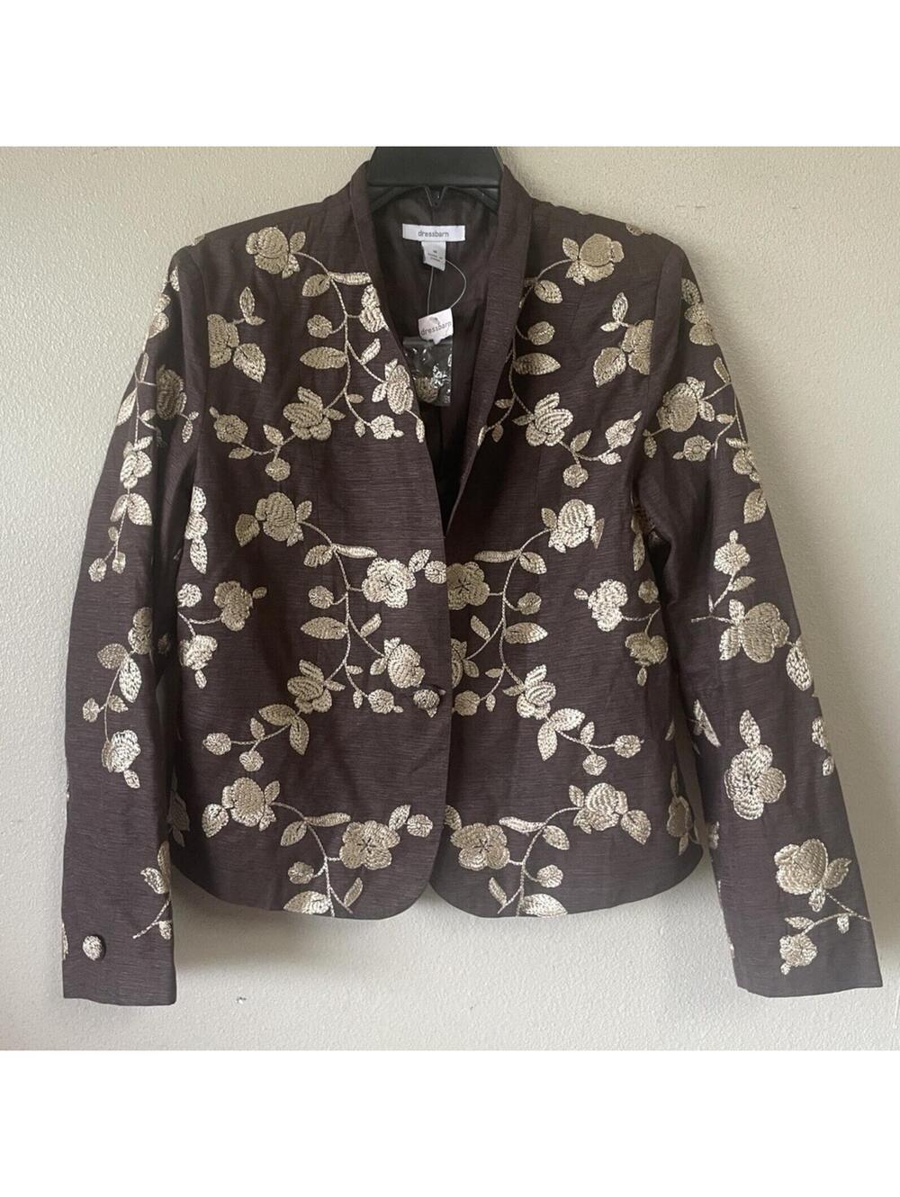 Dress Barn Medium Brown Golden Embroidered Floral Blazer